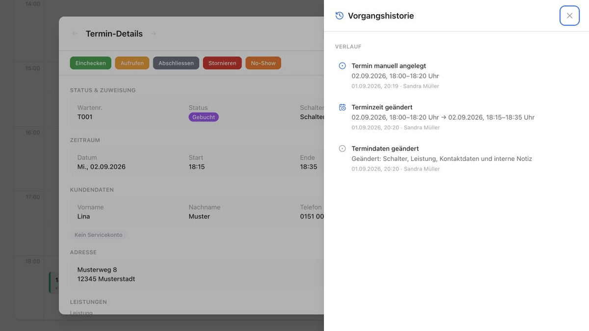 Geöffnete Amturo Vorgangshistorie mit mehreren nachvollziehbaren Änderungen