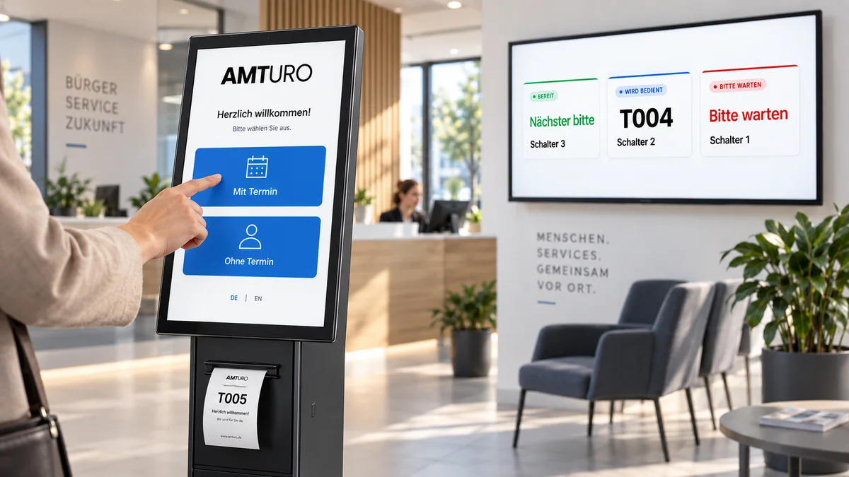 Visualisierung: Bürgerin meldet sich am Amturo-Terminal an, daneben das Aufrufdisplay