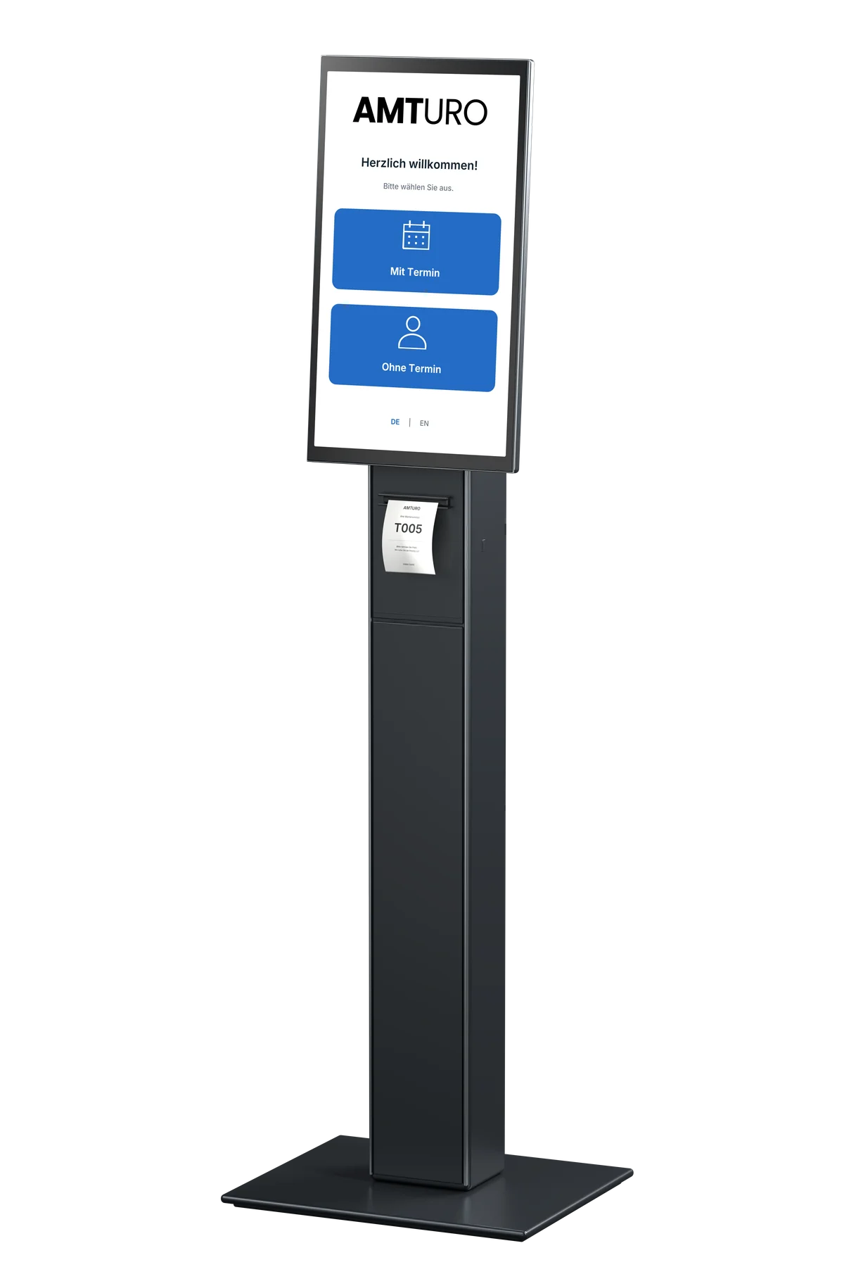 Amturo-Standterminal mit Check-in-Oberfläche und gedrucktem Ticket – 3D-Visualisierung