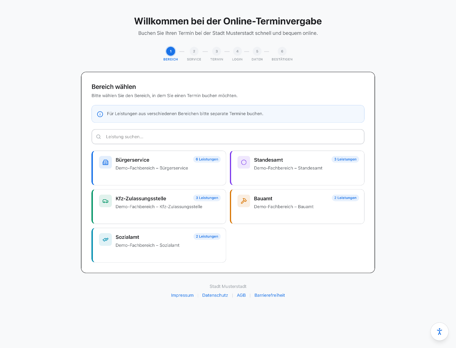 Schritt 1: Auswahl des Fachbereichs in der Online-Terminvergabe