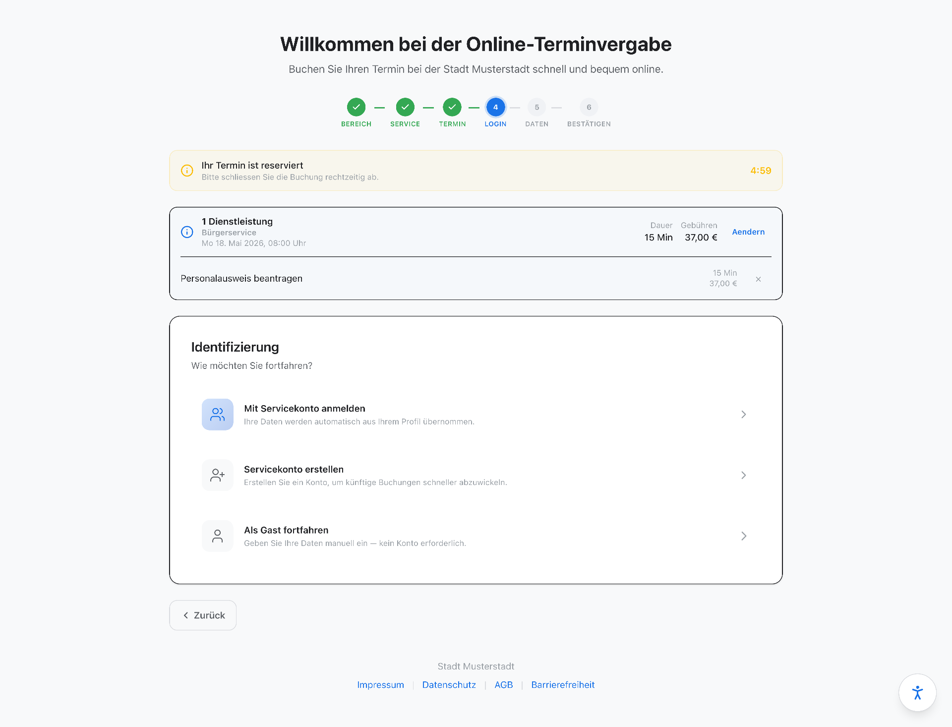 Schritt 4: Identifizierung mit Servicekonto, neuem Konto oder als Gast