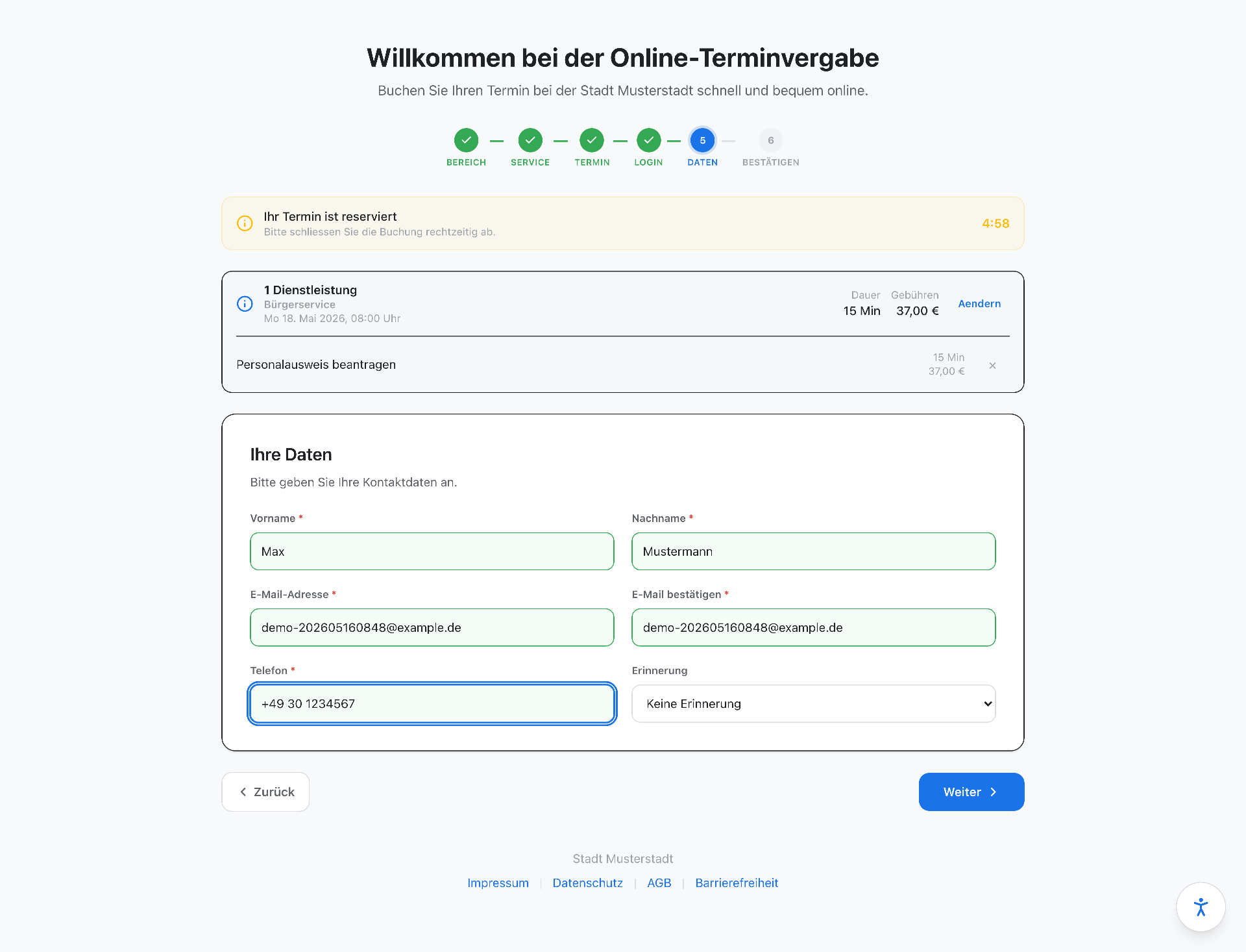 Schritt 5: Eingabe der Kontaktdaten für die Terminbuchung