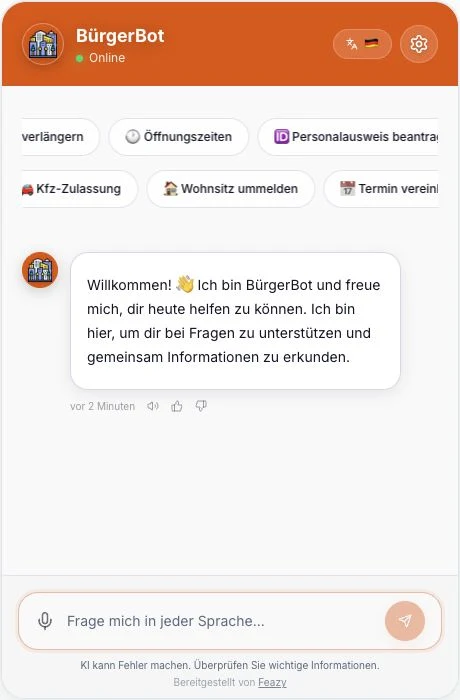 FEAZY BürgerBot mit Begrüßung, Themenauswahl und Eingabefeld auf der FEAZY-Website