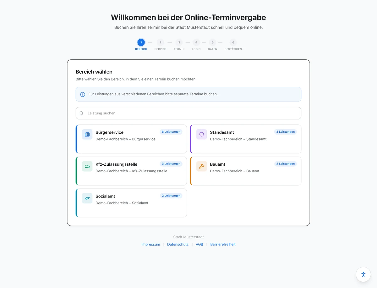 Amturo-Buchungsansicht: Bereich wählen