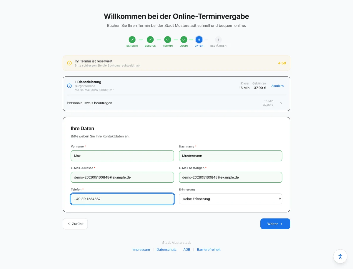Amturo-Buchungsansicht: Persönliche Daten