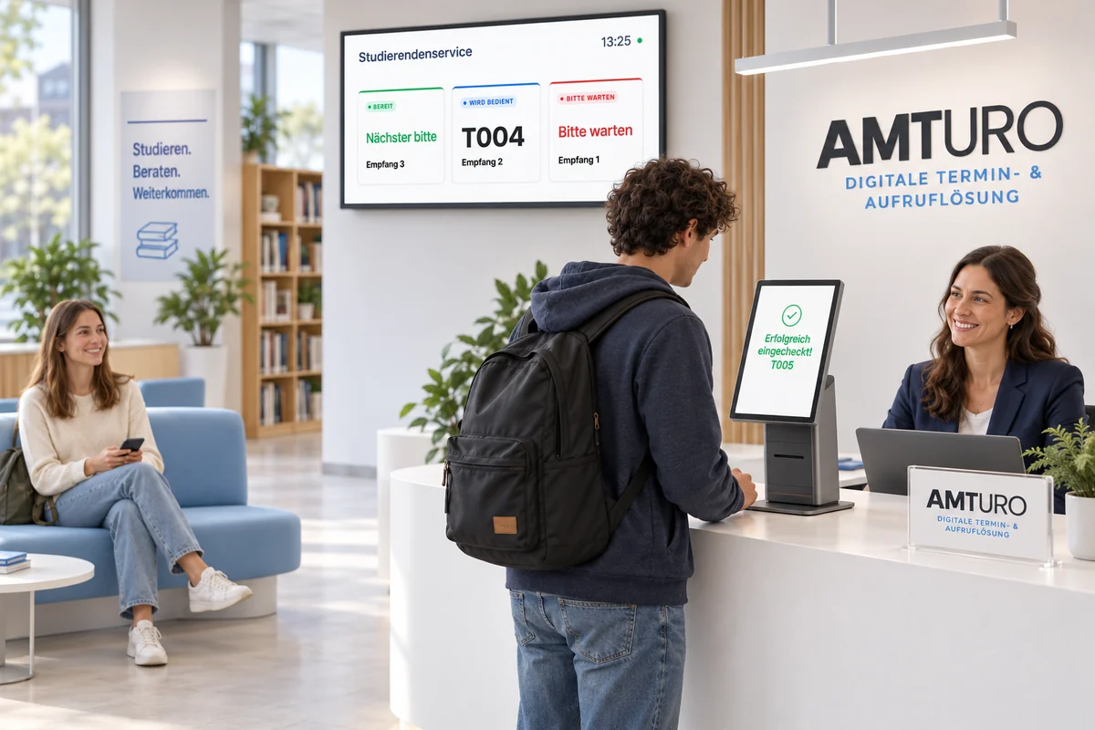 3D-Szene: Studierender am SUNMI FLEX 3 Desktop-Terminal im Studierendenservice