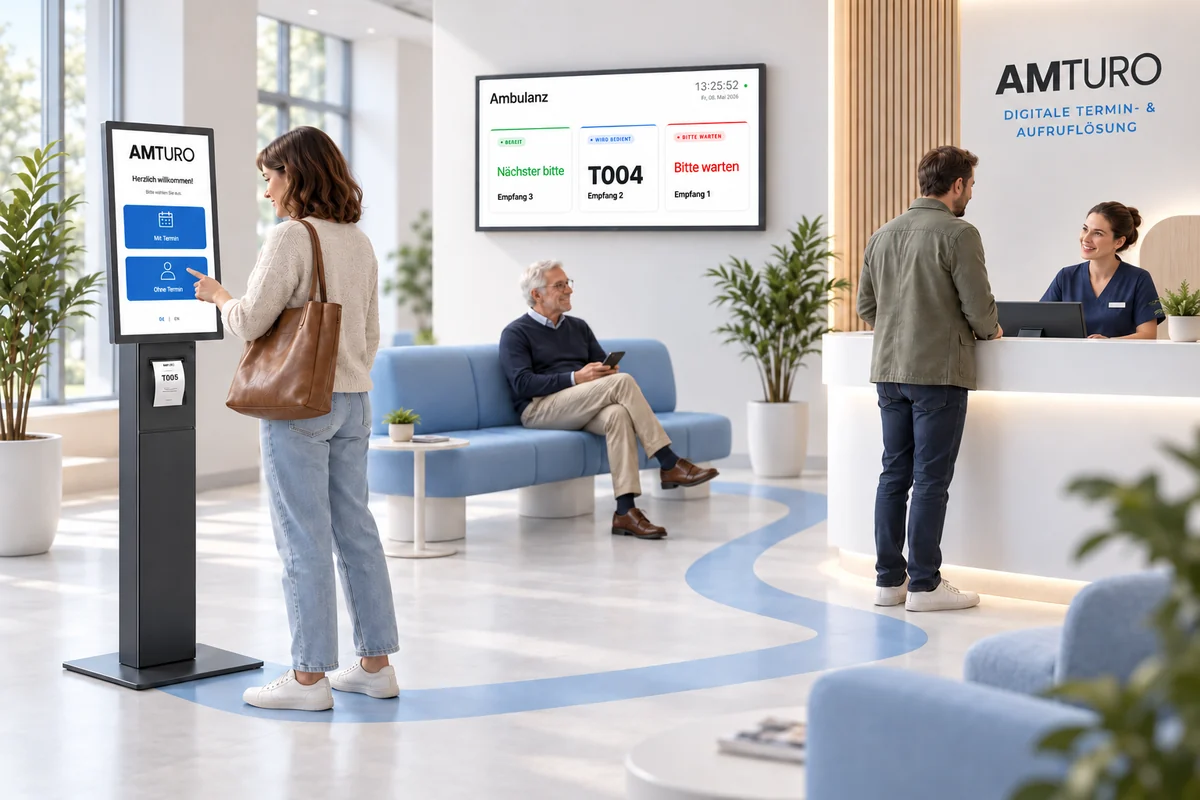 3D-Szene: Check-in am Amturo-Standterminal und anonymes Aufrufdisplay in einer Ambulanz