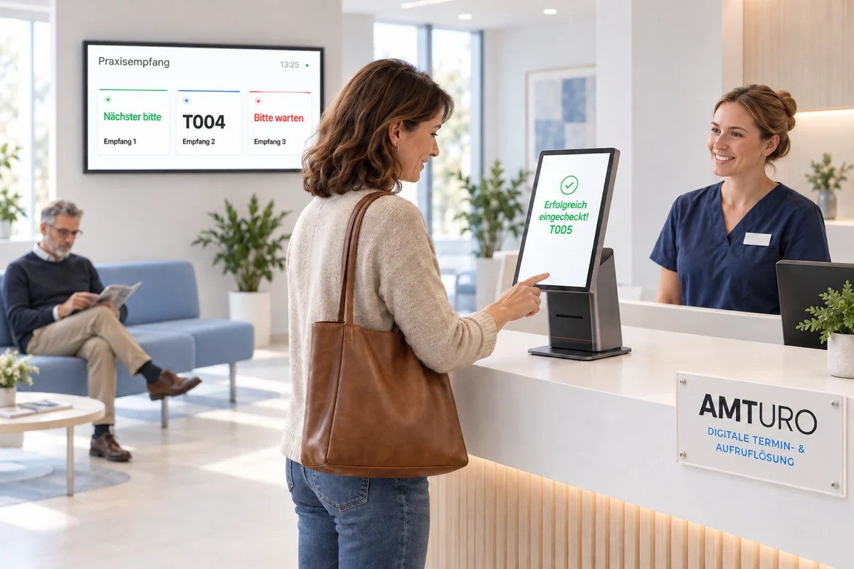 Amturo Check-in am SUNMI Terminal in einer Praxis mit natürlichen 3D-Menschen